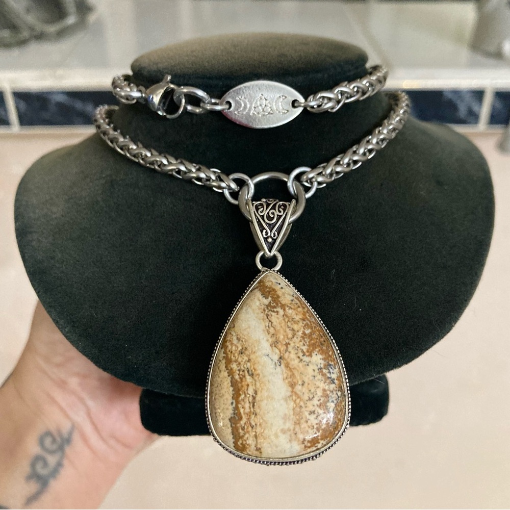925 sterling silver overlay jasper gemstone stone boho silver necklace